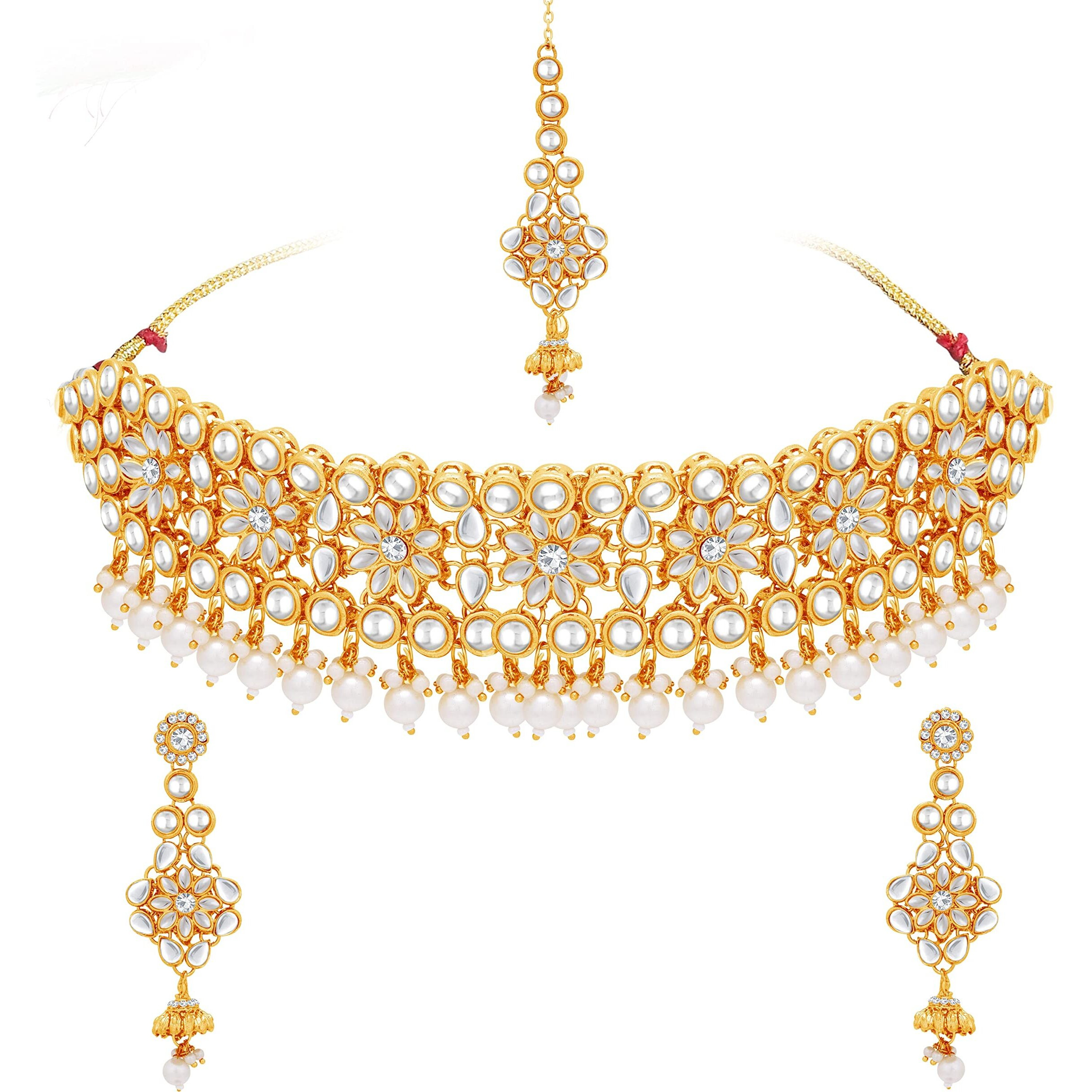 Sukkhi Striking Gold Plated Kundan & Pearl Choker Necklace Set For Women (NS102944)