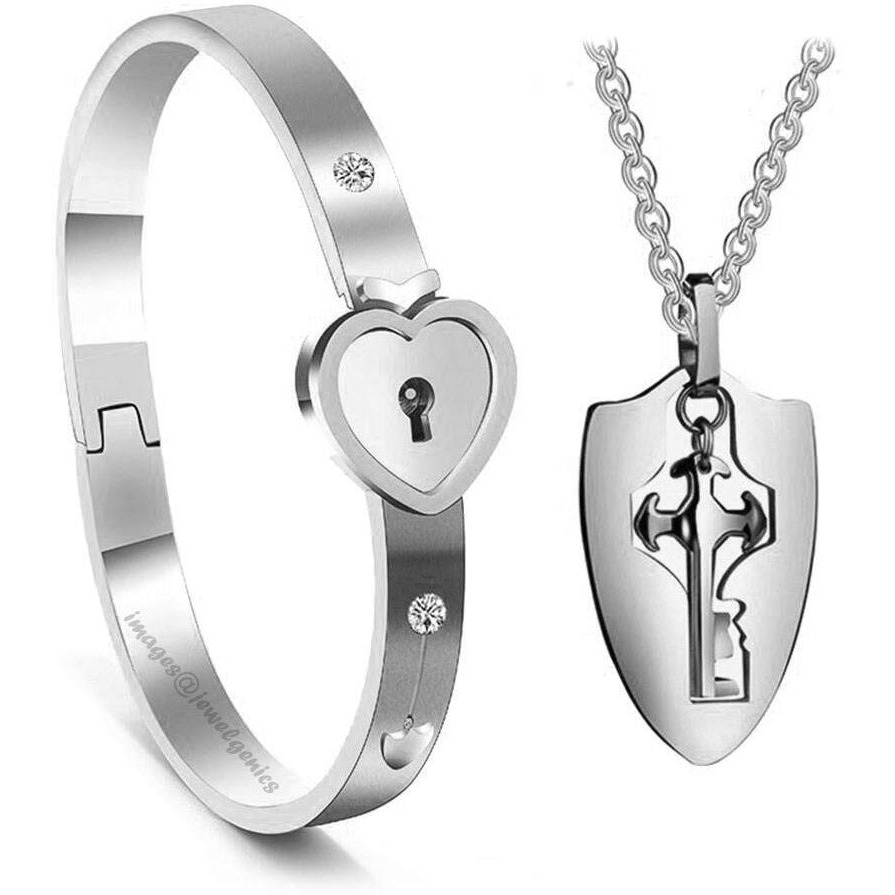 Jewelgenics Silver Stainless Steel Cubic Zirconia Heart Lock and Oval Key Couple Bracelet Pendant Necklace Set for Men and Women