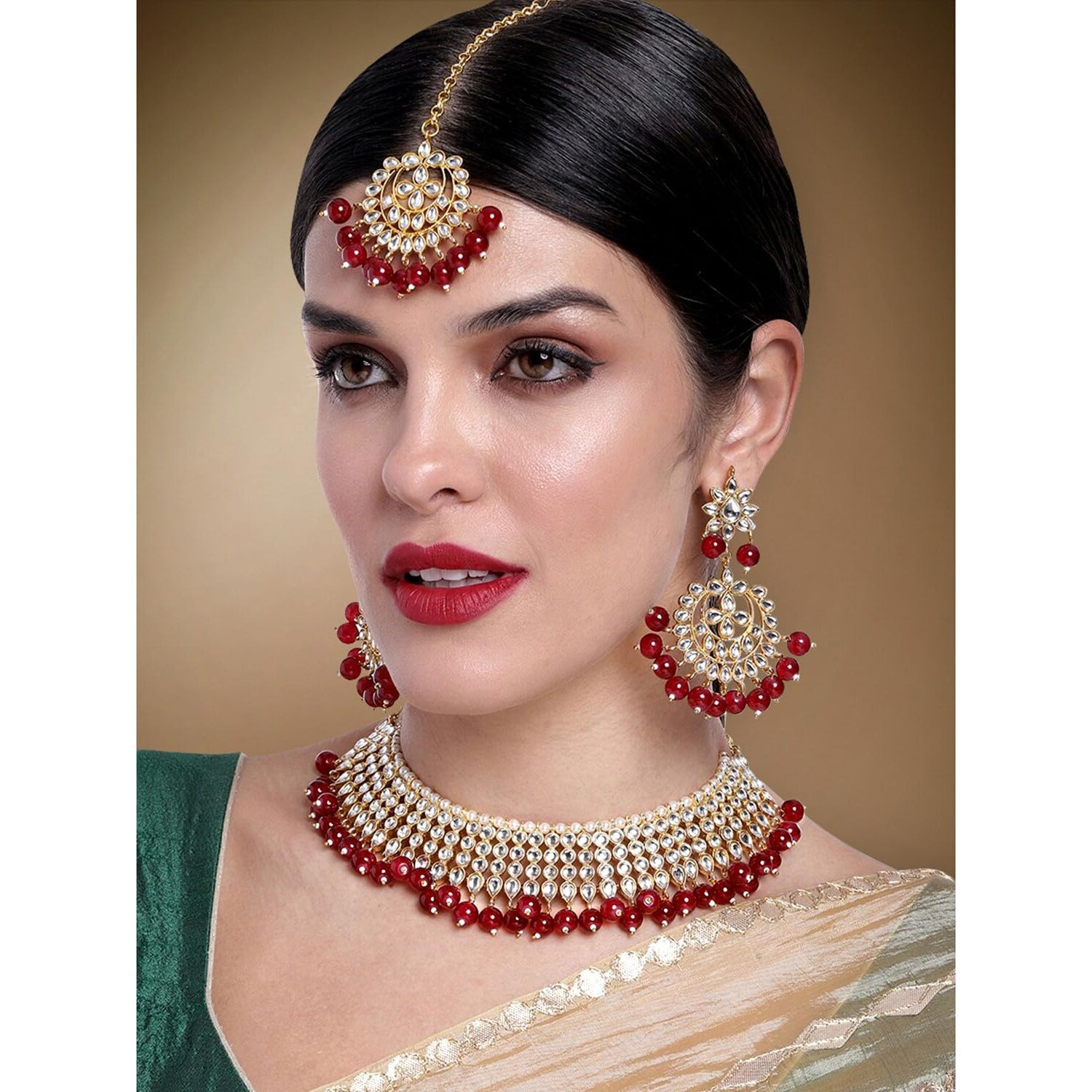 Peora 18K Gold Plated Indian Ethnic Kundan Pearl Fancy Bridal Traditional Necklace Jewellery Set with Earrings for Women (Maroon)