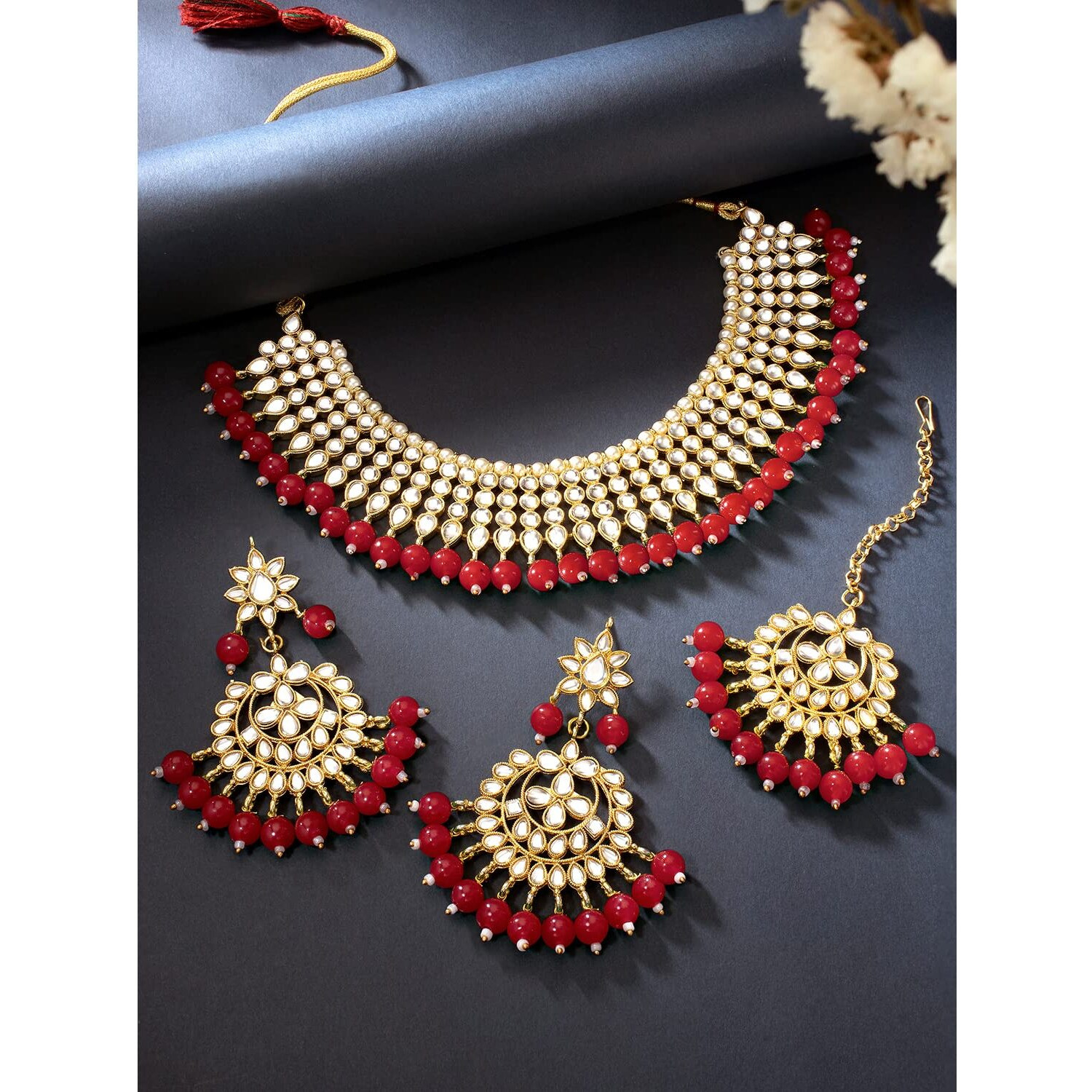 Peora 18K Gold Plated Indian Ethnic Kundan Pearl Fancy Bridal Traditional Necklace Jewellery Set with Earrings for Women (Maroon)