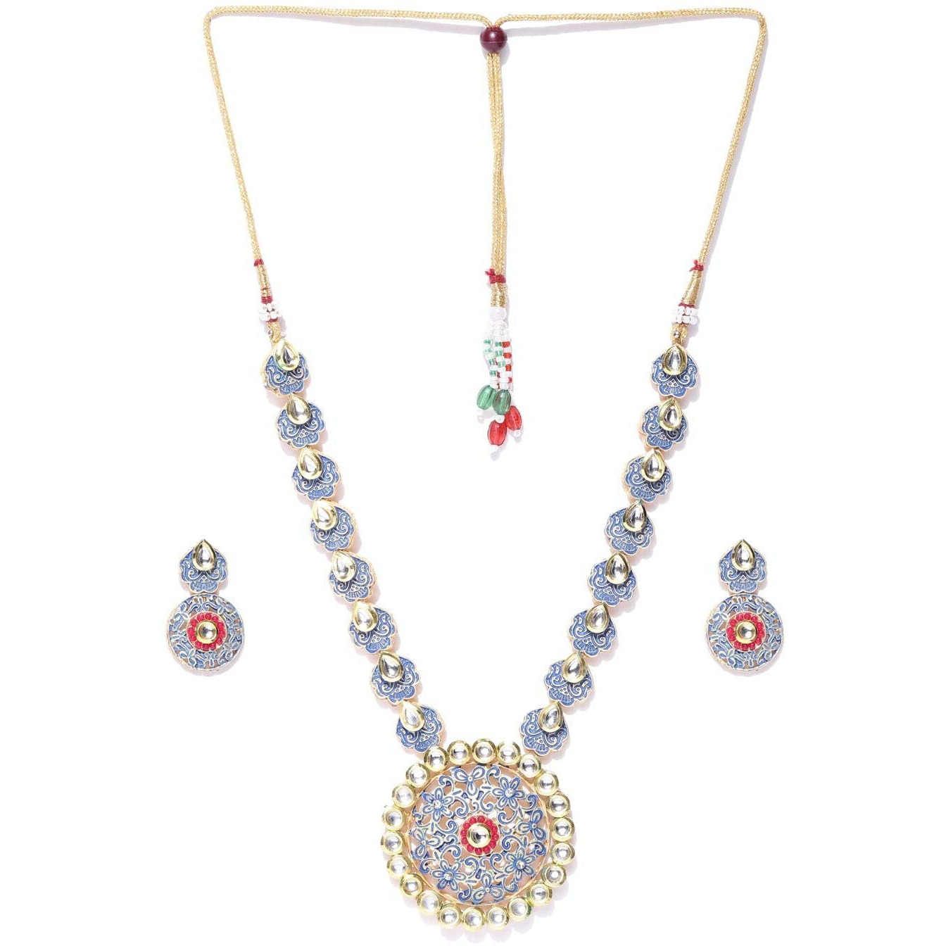 Priyaasi Blue Meenakari Jewellery Set for Women | Kundan-Studded | Floral Design | Gold-Plated | Brass Metal | Ethnic Jewellery for Bridesmaid & Bridal | Jewellery Set for Wedding, Puja, & Festivals