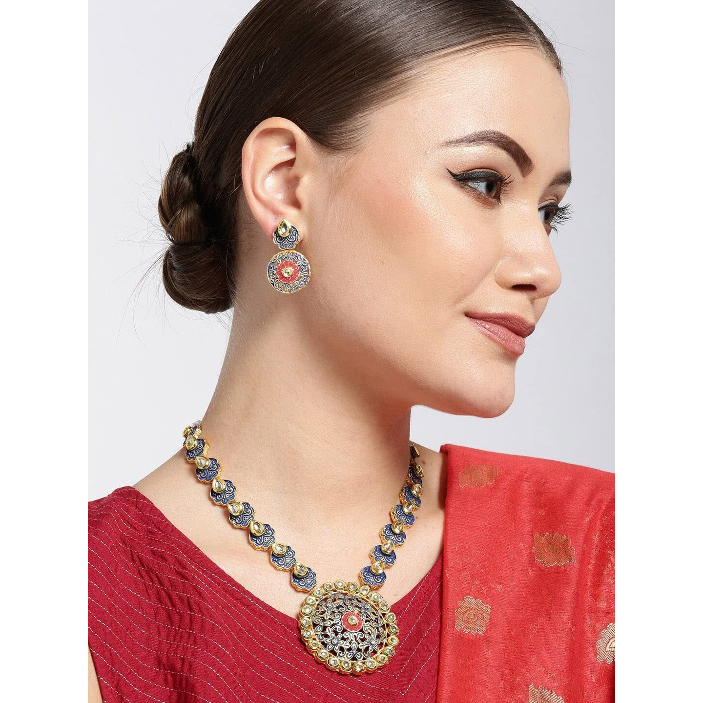 Priyaasi Blue Meenakari Jewellery Set for Women | Kundan-Studded | Floral Design | Gold-Plated | Brass Metal | Ethnic Jewellery for Bridesmaid & Bridal | Jewellery Set for Wedding, Puja, & Festivals