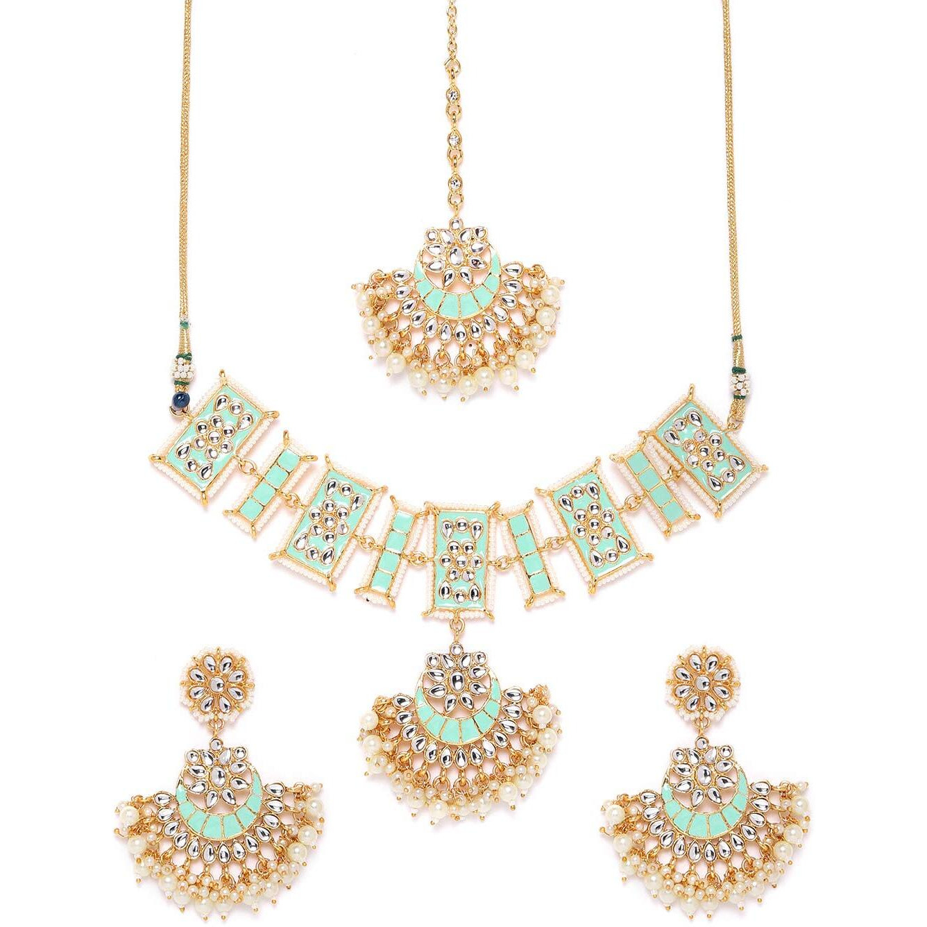 ZAVERI PEARLS Enamelling Sea Green Kundan Choker Necklace, Earring & Maangtikka Set For Women-ZPFK9658