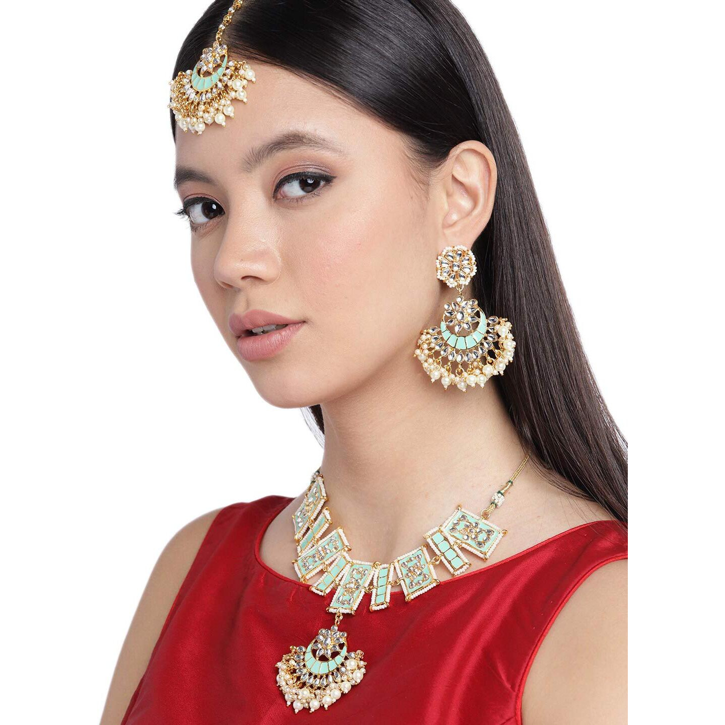 ZAVERI PEARLS Enamelling Sea Green Kundan Choker Necklace, Earring & Maangtikka Set For Women-ZPFK9658