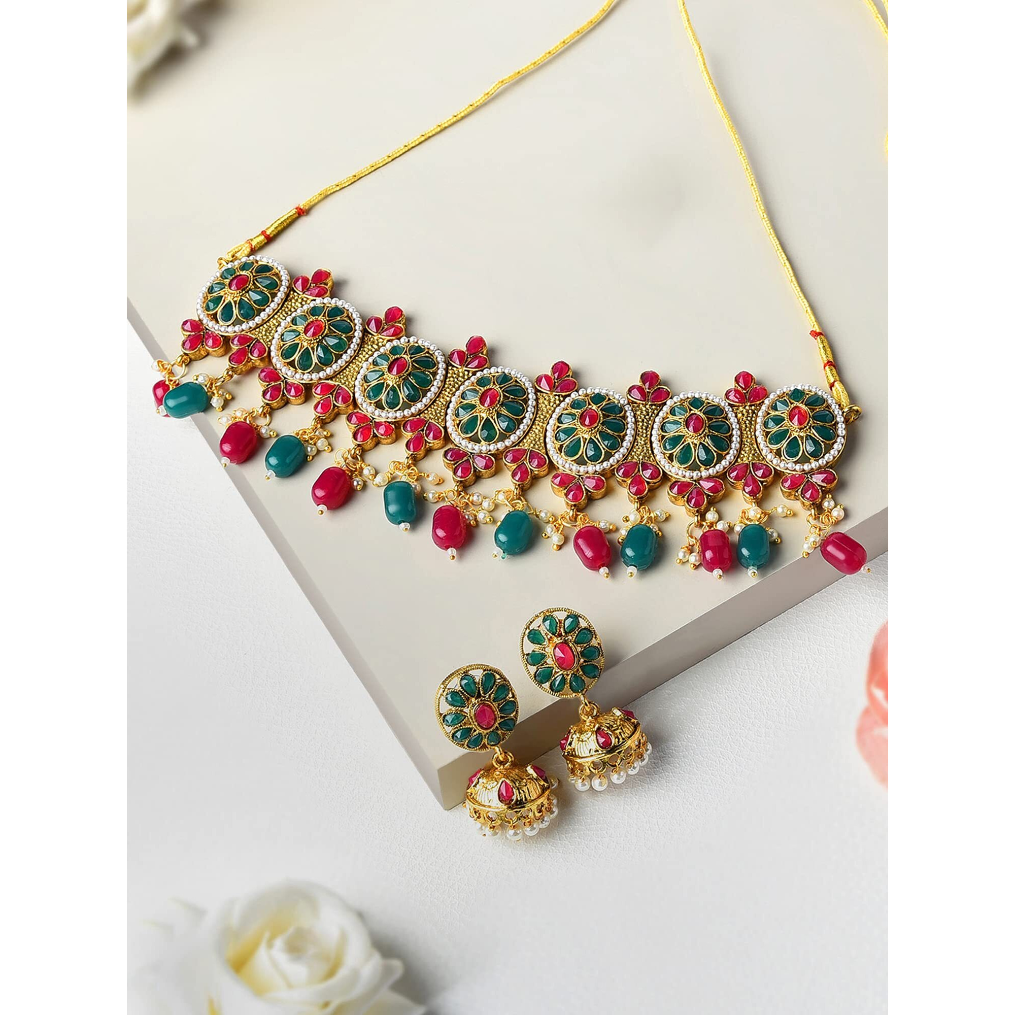 ZAVERI PEARLS Floral Design Embellished With Stones And Beads Necklace Set For Women-ZPFK8872