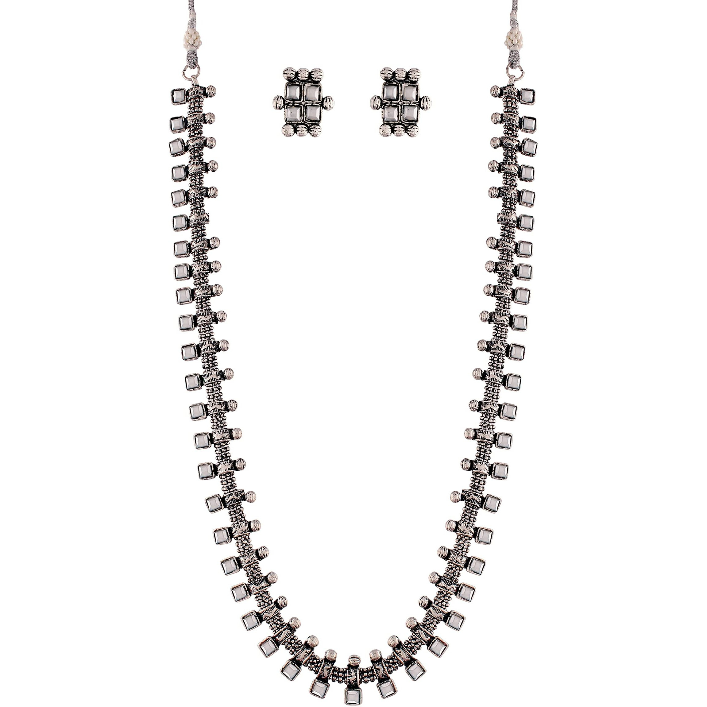 I Jewels 18K Rhodium Plated Traditional Stylish Pearl Work Long Necklace With Earrings For Women & Girls (MC041ZW)
