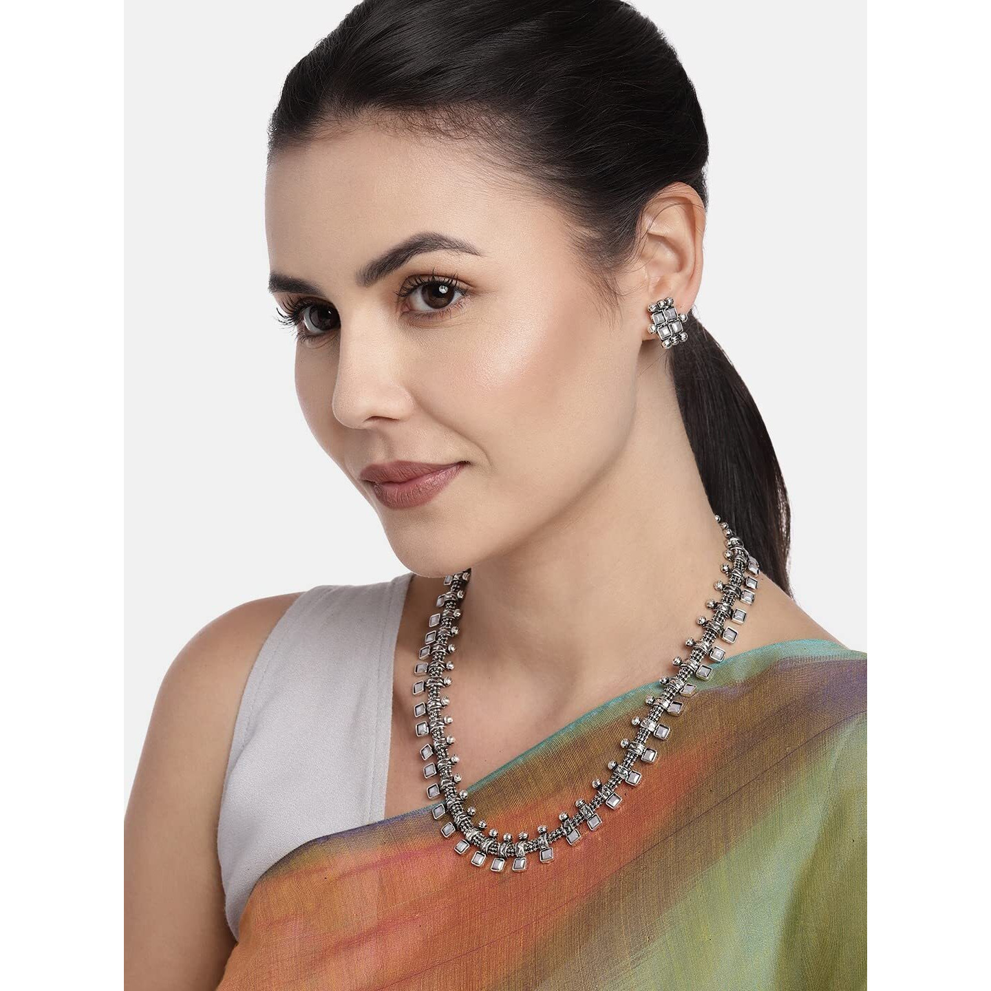 I Jewels 18K Rhodium Plated Traditional Stylish Pearl Work Long Necklace With Earrings For Women & Girls (MC041ZW)