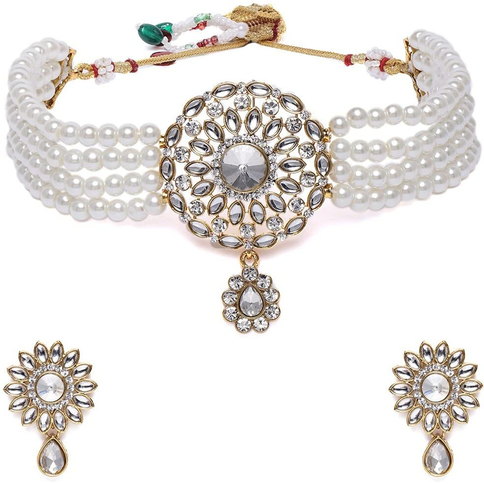 ZAVERI PEARLS Gold Tone Kundan Center Piece & Pearls Multistrand Necklace & Earring Set For Women-ZPFK10259