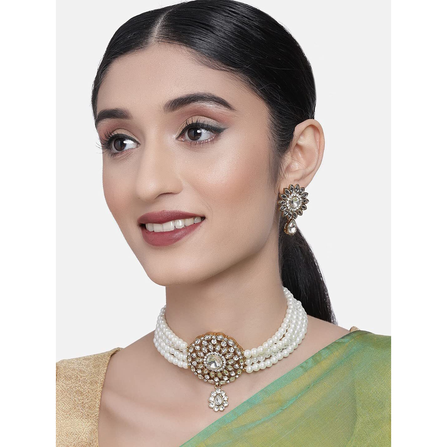 ZAVERI PEARLS Gold Tone Kundan Center Piece & Pearls Multistrand Necklace & Earring Set For Women-ZPFK10259