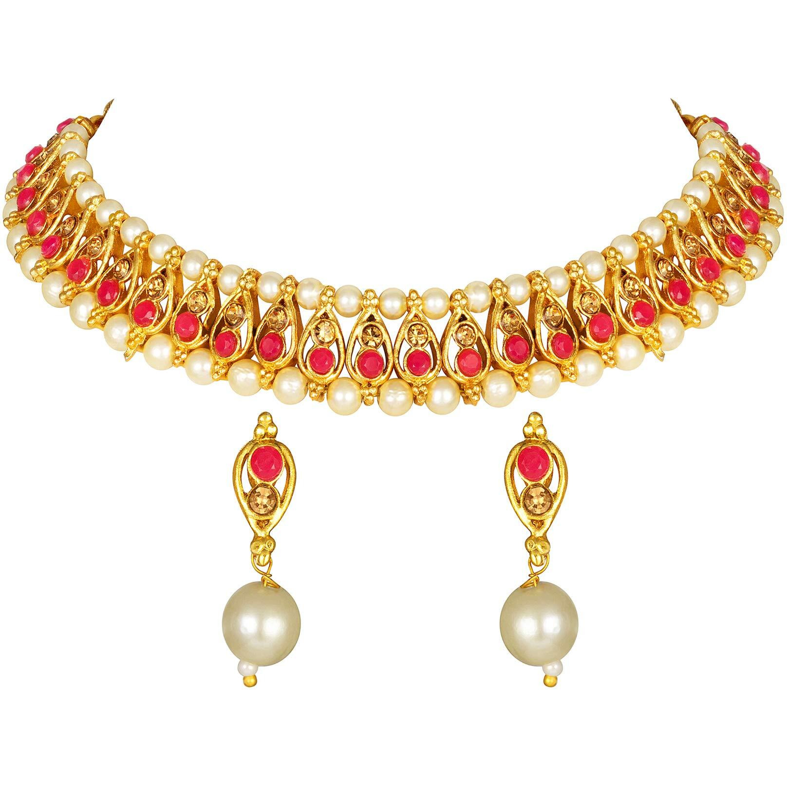 Shining Diva Fashion Latest Choker Design Necklace Set Traditional Pearl Gold Plated Jewellery Set for Women (Red) (11044s)