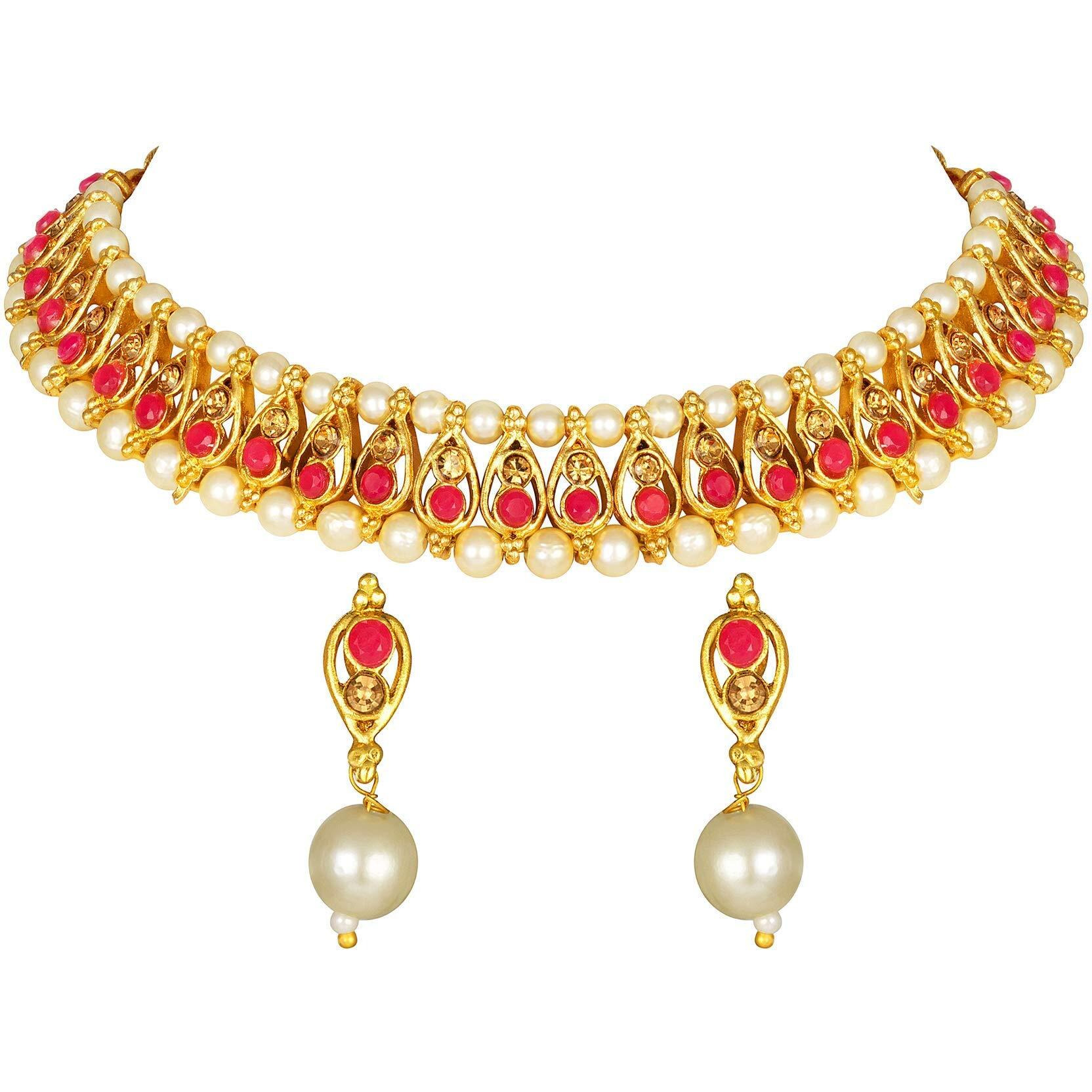 Shining Diva Fashion Latest Choker Design Necklace Set Traditional Pearl Gold Plated Jewellery Set for Women (Red) (11044s)