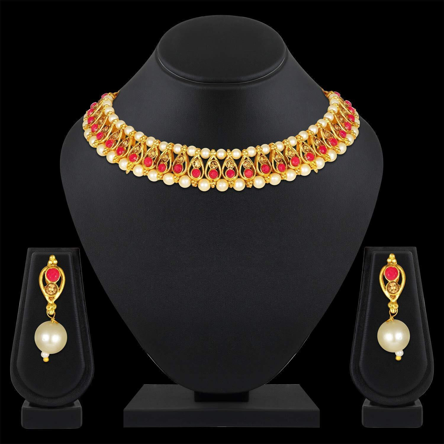 Shining Diva Fashion Latest Choker Design Necklace Set Traditional Pearl Gold Plated Jewellery Set for Women (Red) (11044s)