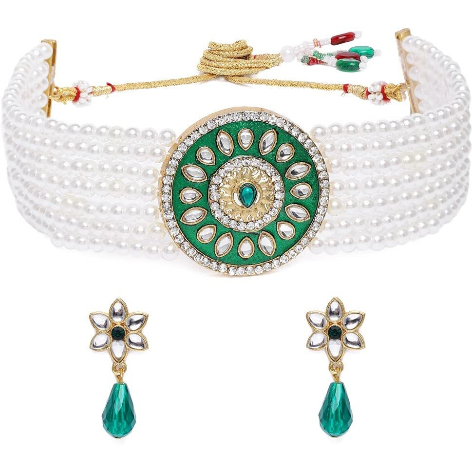 ZAVERI PEARLS Green Meenakari Multistrand Pearls Choker Necklace & Earring Set For Women-ZPFK10258