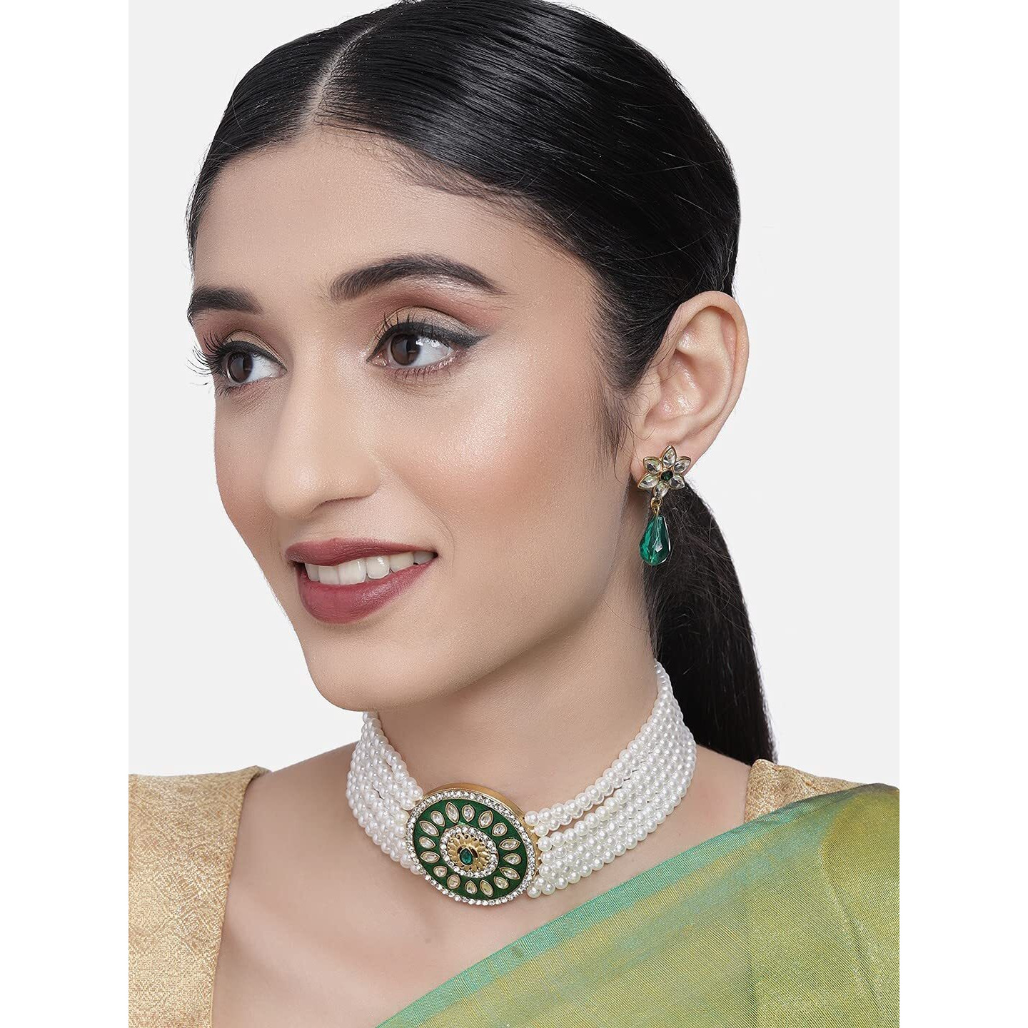 ZAVERI PEARLS Green Meenakari Multistrand Pearls Choker Necklace & Earring Set For Women-ZPFK10258