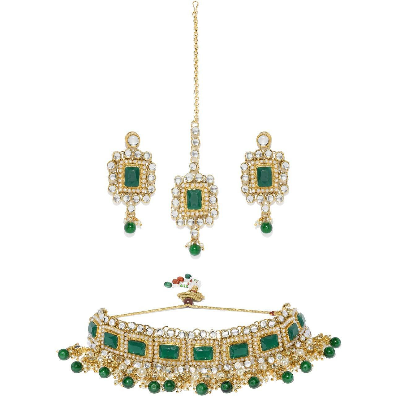 ZAVERI PEARLS Alluring Green Stones & Beads Choker Jewellery Set For Women-ZPFK9423