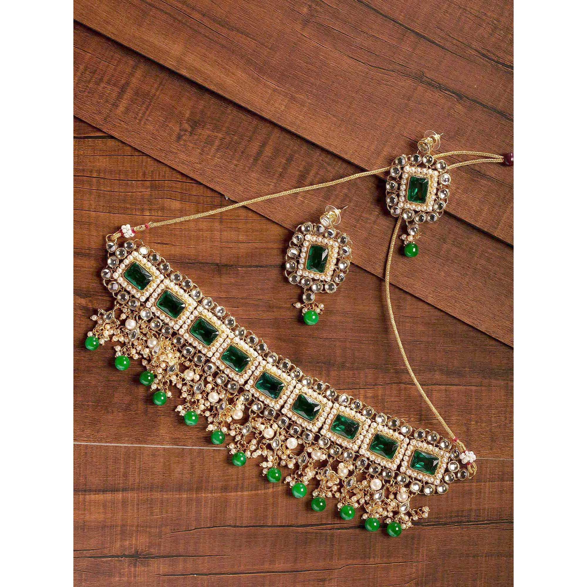 ZAVERI PEARLS Alluring Green Stones & Beads Choker Jewellery Set For Women-ZPFK9423