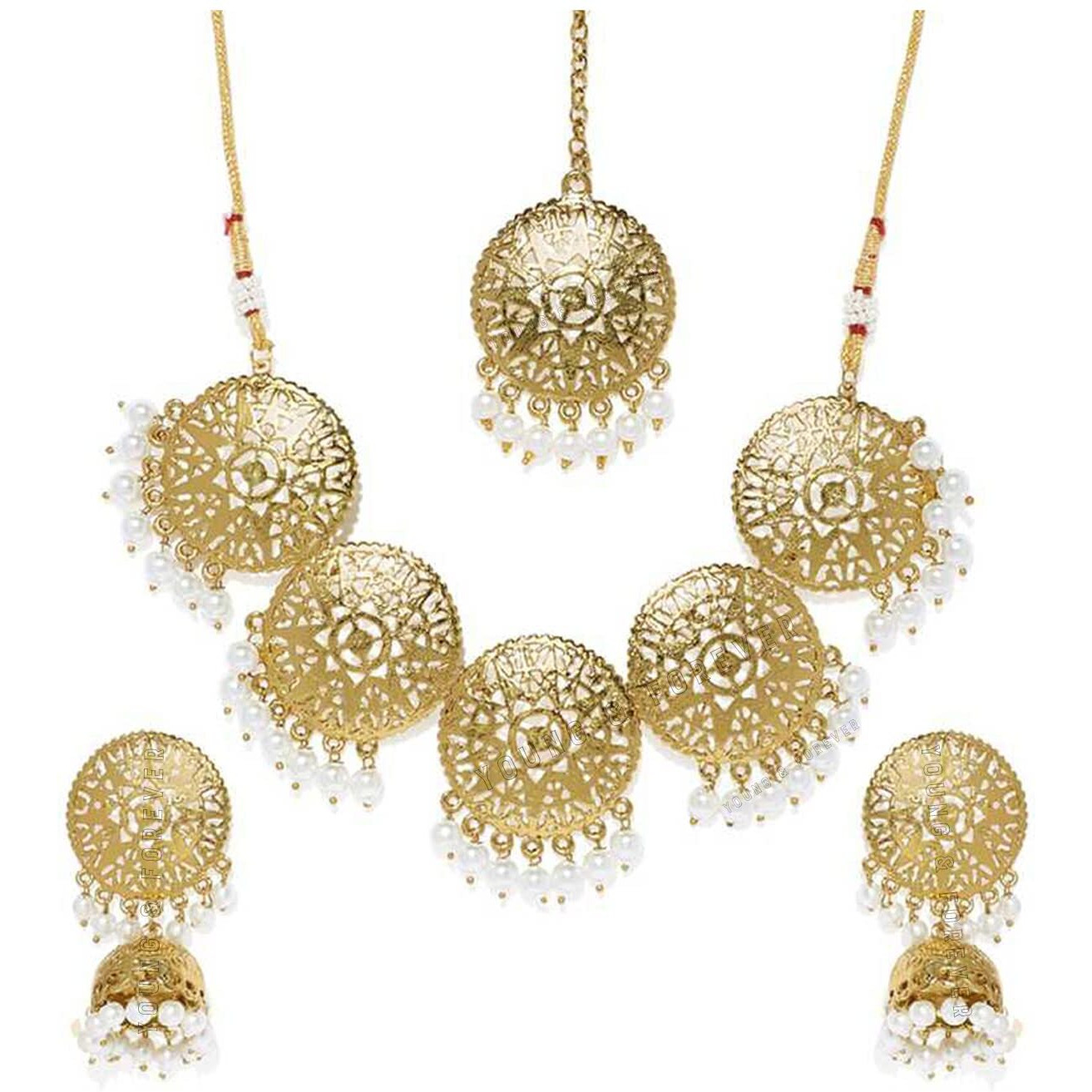 Young & Forever Gift Filigree Designer Gold Tone Choker Necklace Set For Women and Girls