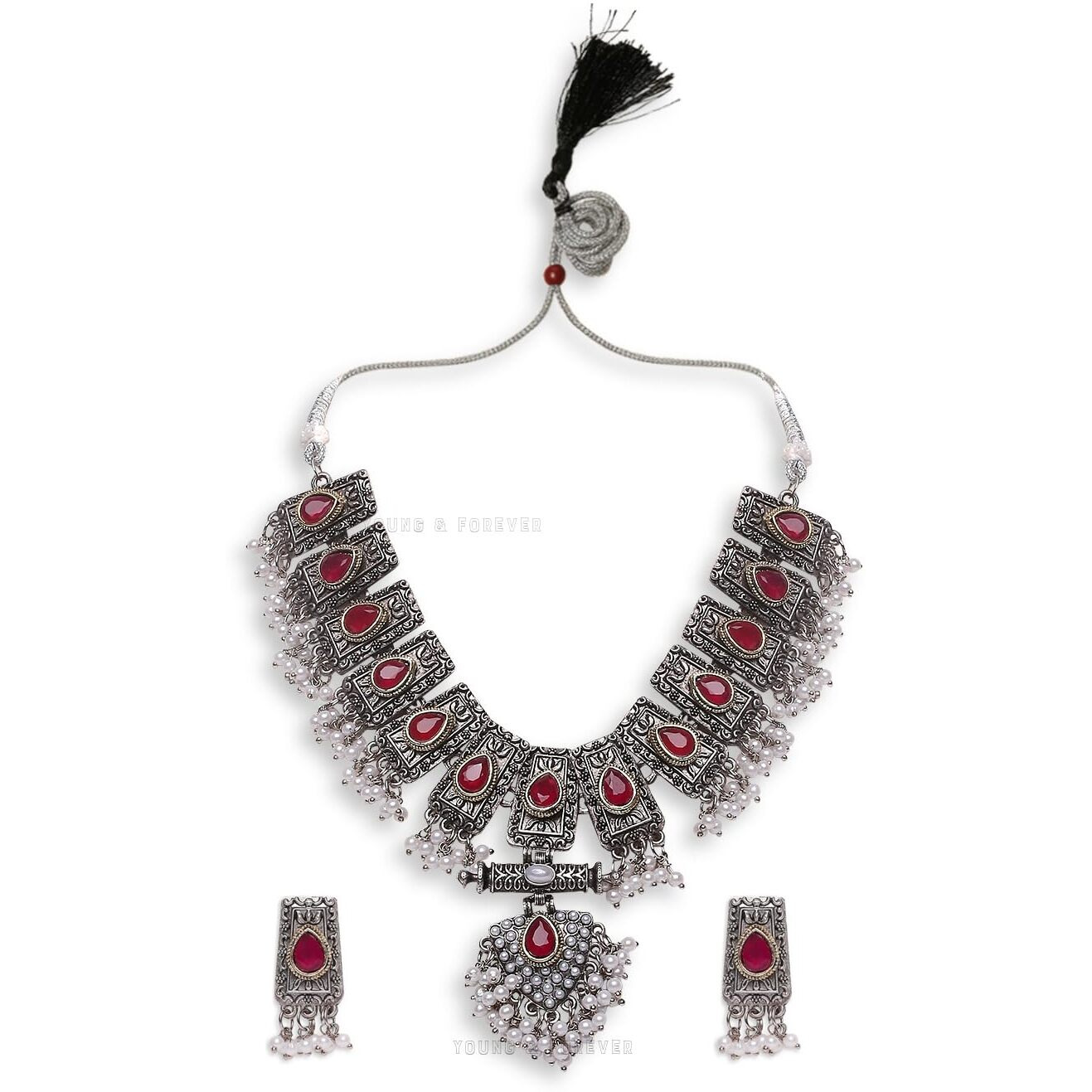 Young & Forever Gift Traditional Victorian Dual Tone Silver Golden Pearl Multicolor Stone Pink Green Choker Oxidised Necklace Jewellery Set for Women