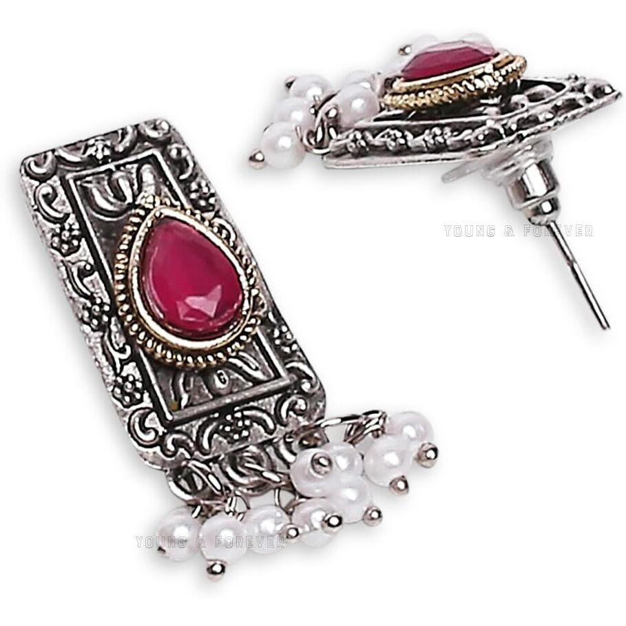 Young & Forever Gift Traditional Victorian Dual Tone Silver Golden Pearl Multicolor Stone Pink Green Choker Oxidised Necklace Jewellery Set for Women