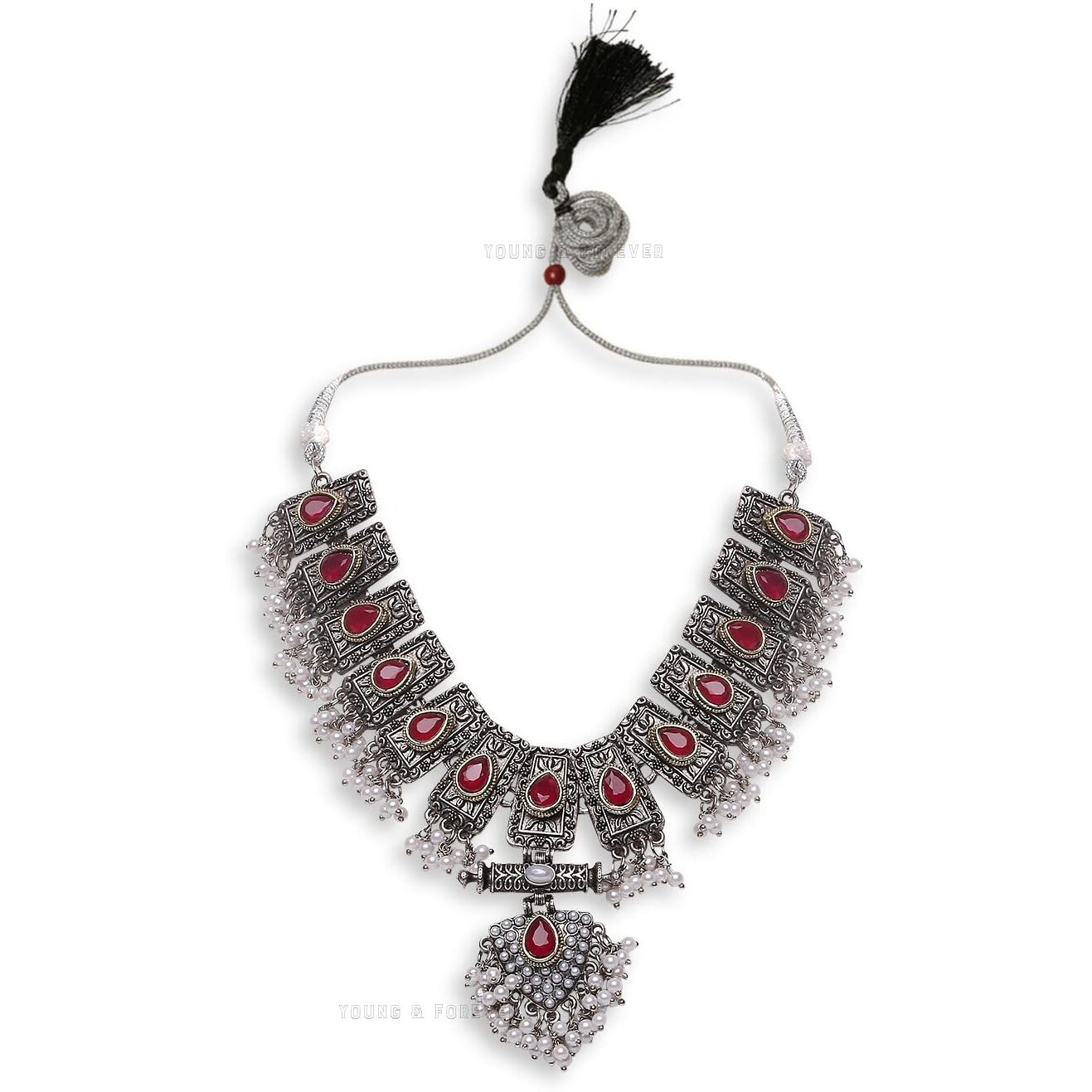 Young & Forever Gift Traditional Victorian Dual Tone Silver Golden Pearl Multicolor Stone Pink Green Choker Oxidised Necklace Jewellery Set for Women
