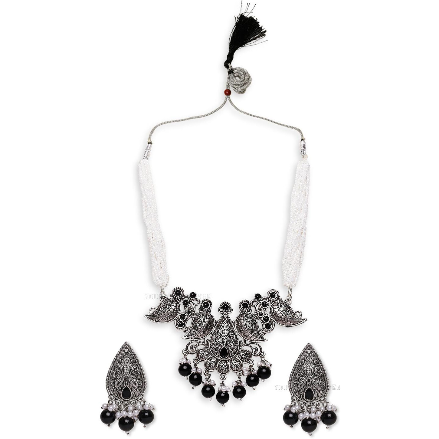Young & Forever Gift Traditional Victorian Leaves Silver Oxidised Black White Stone Necklace Jewellery Set for Women