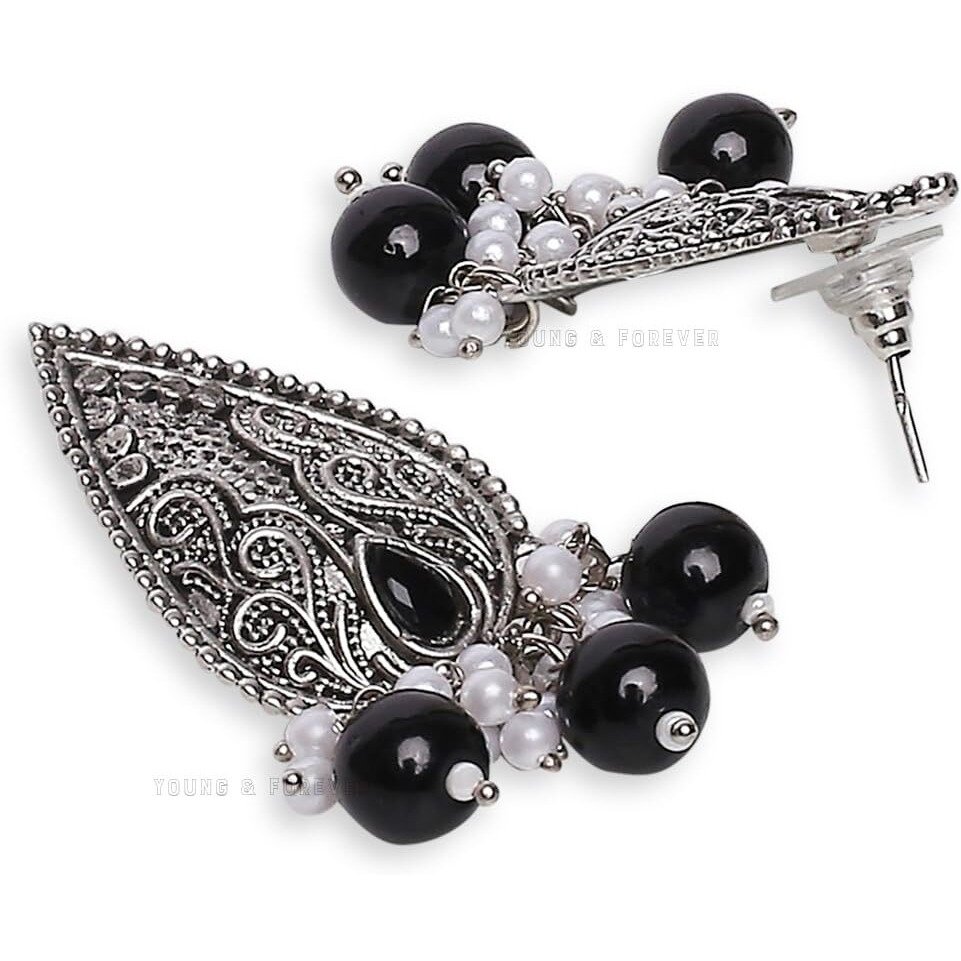 Young & Forever Gift Traditional Victorian Leaves Silver Oxidised Black White Stone Necklace Jewellery Set for Women
