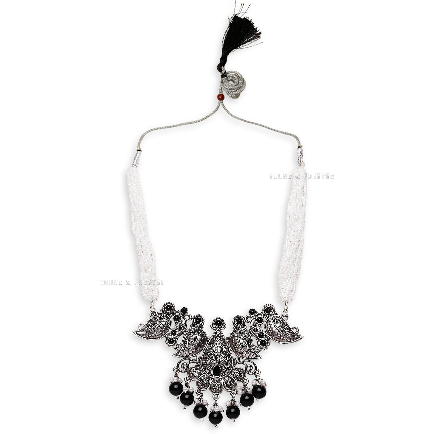 Young & Forever Gift Traditional Victorian Leaves Silver Oxidised Black White Stone Necklace Jewellery Set for Women