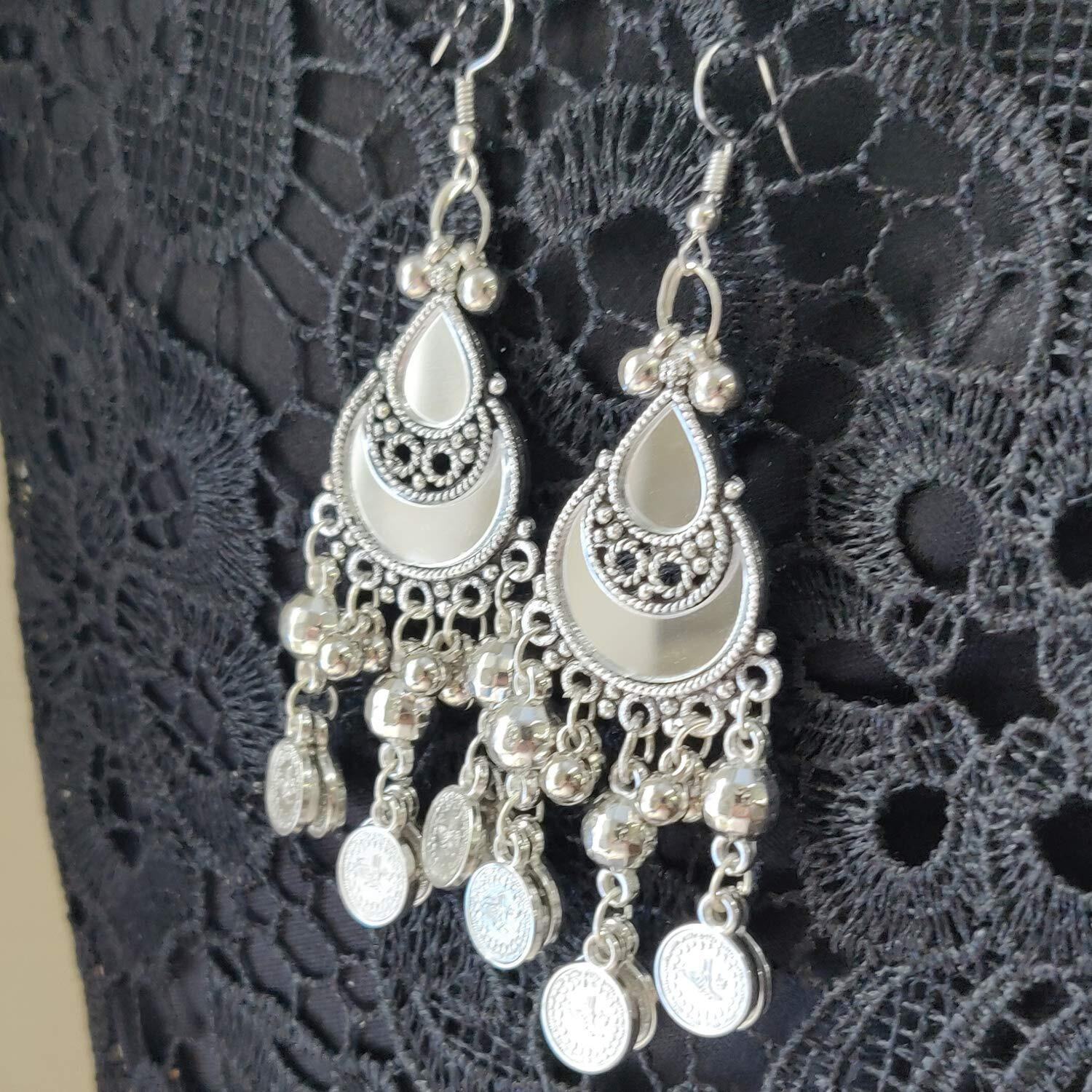Young & Forever Gift White Boho Gypsy Antique Silver Afghani Oxidised Mirror Princess Length Dangler Earring and Tribal Necklace Set for Women