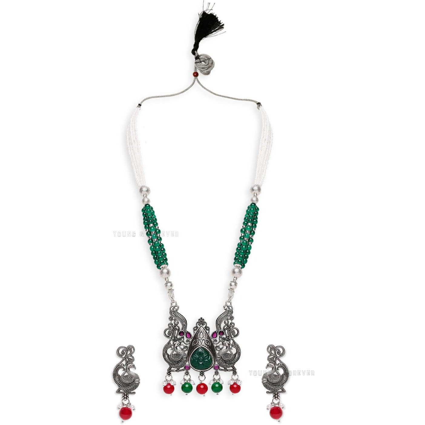 Young & Forever Gift Traditional Victorian Peacock Silver Oxidised Green Pink White Stone Necklace Jewellery Set for Women