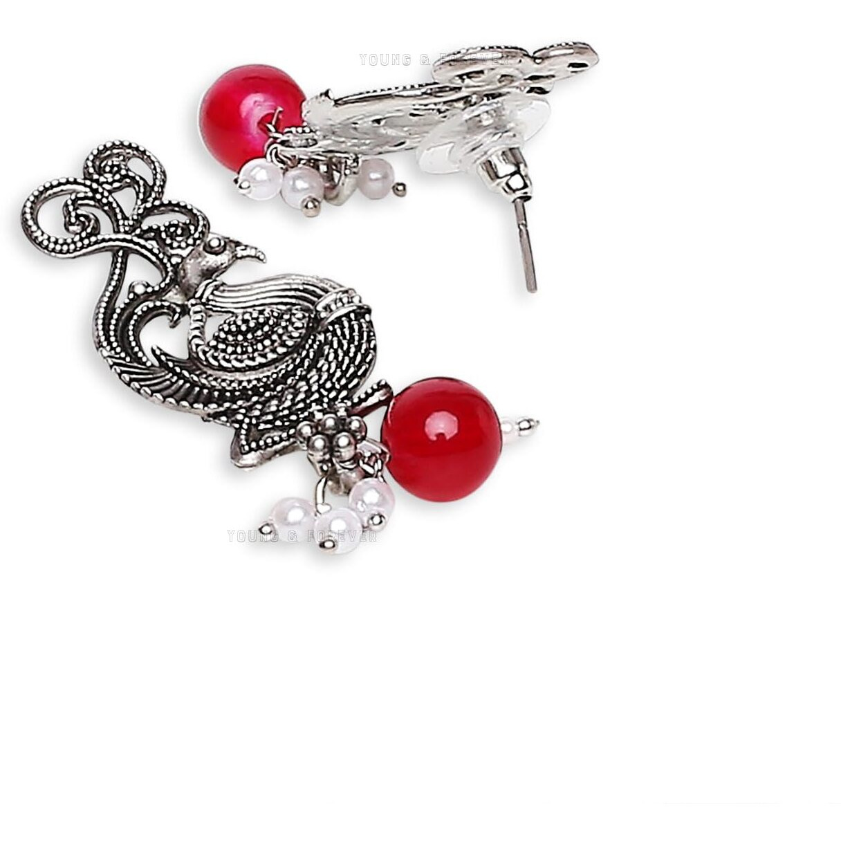 Young & Forever Gift Traditional Victorian Peacock Silver Oxidised Green Pink White Stone Necklace Jewellery Set for Women