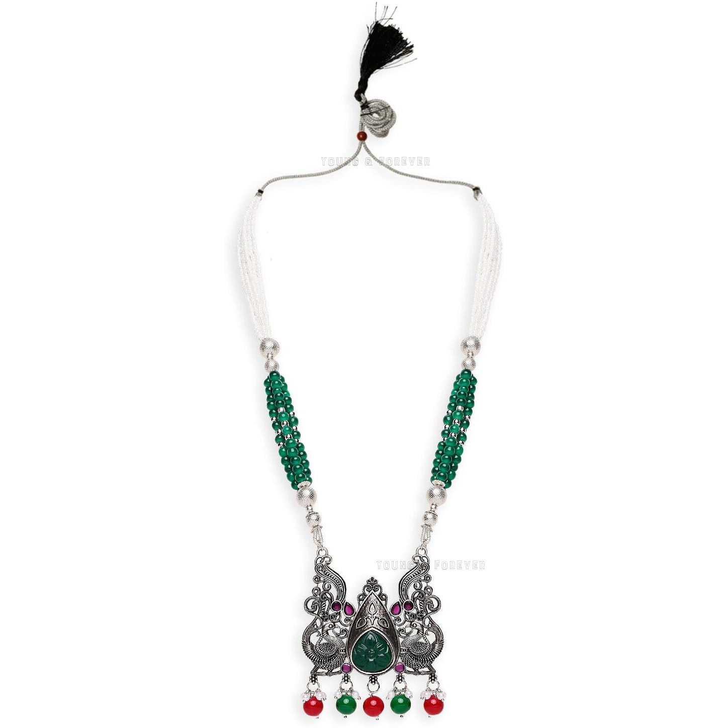 Young & Forever Gift Traditional Victorian Peacock Silver Oxidised Green Pink White Stone Necklace Jewellery Set for Women