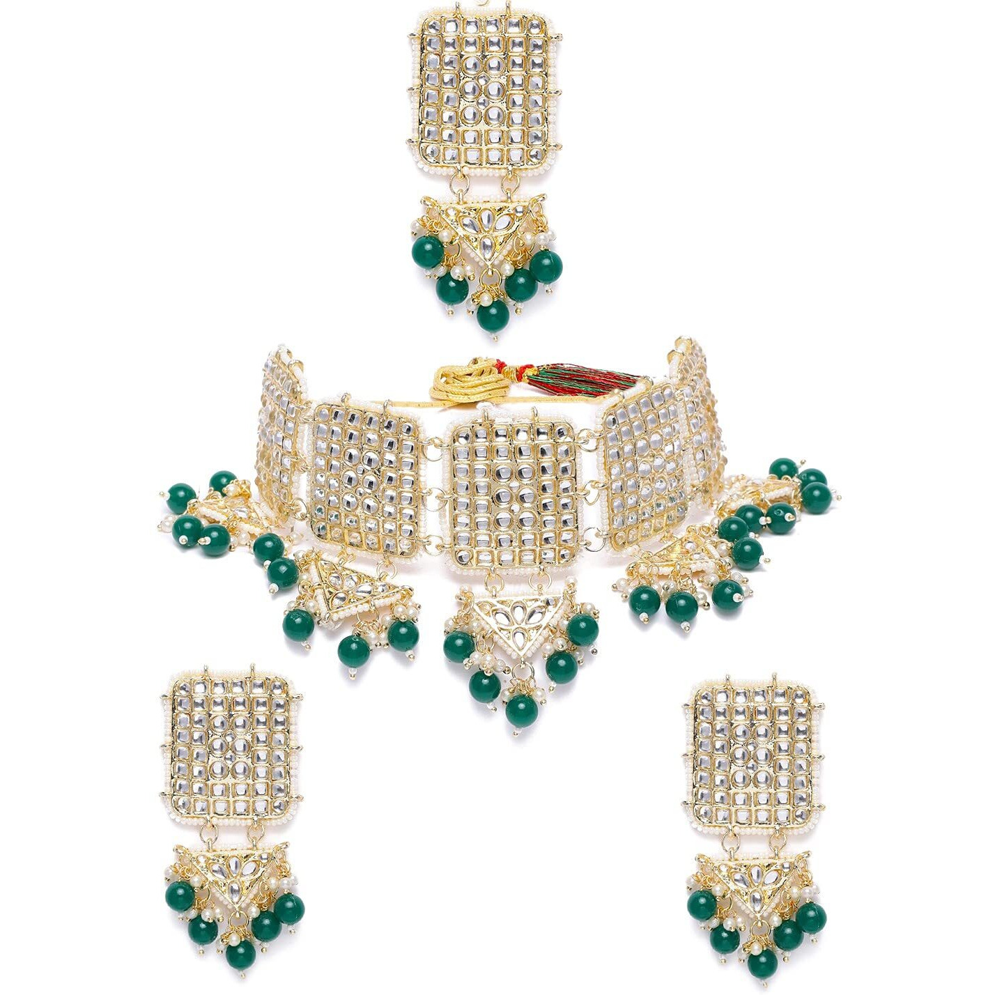ZAVERI PEARLS Green Beads Traditional Kundan Choker Necklace Earring & Maangtikka Set For Women-ZPFK10304