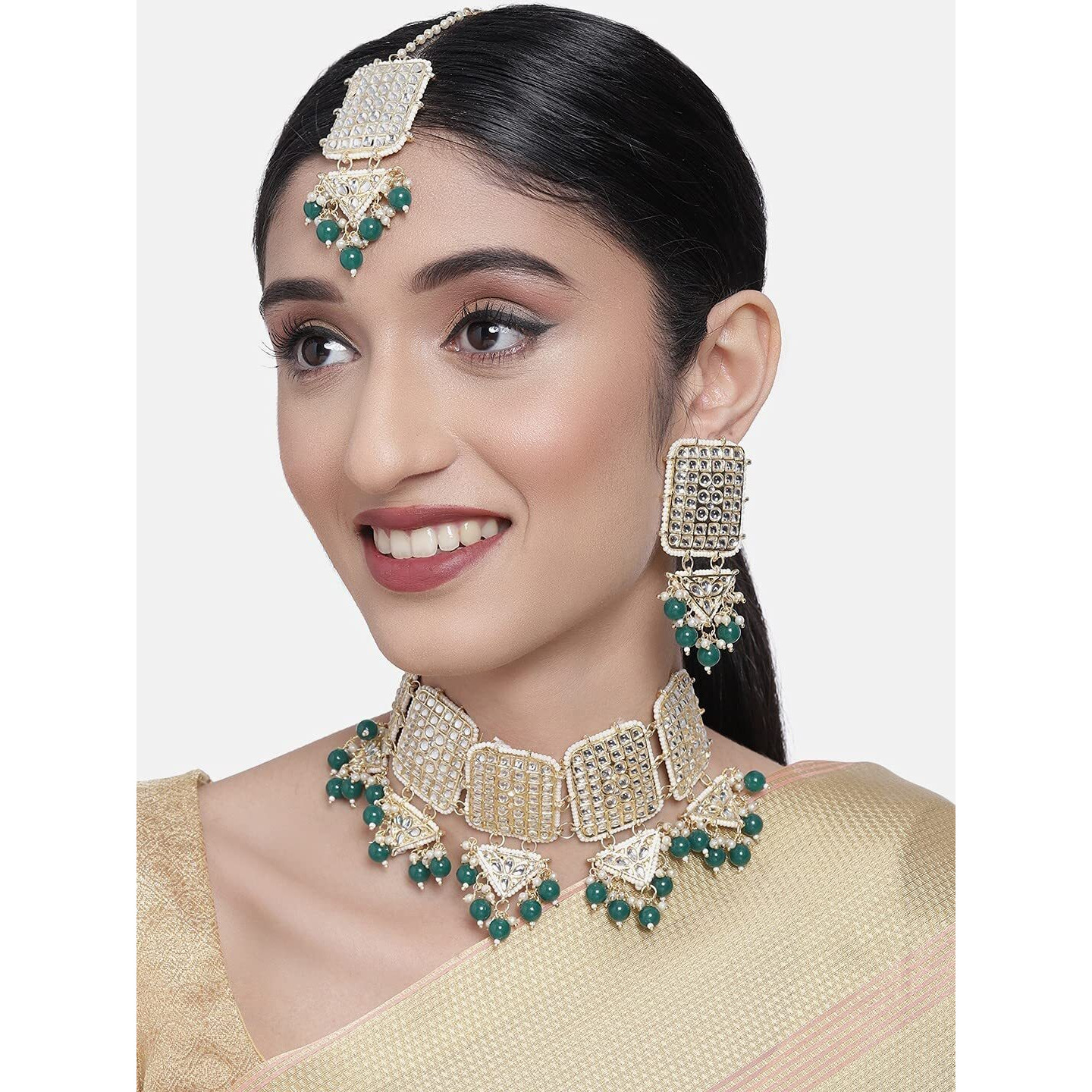 ZAVERI PEARLS Green Beads Traditional Kundan Choker Necklace Earring & Maangtikka Set For Women-ZPFK10304