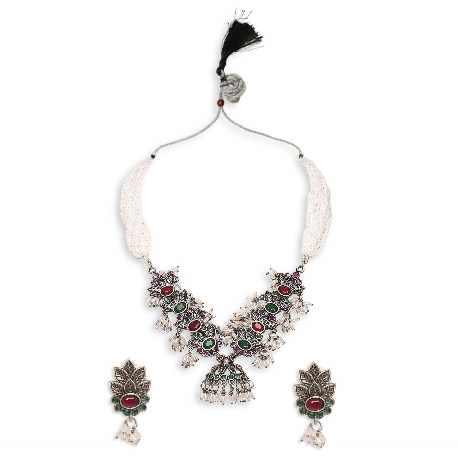 Young & Forever Gift Traditional Victorian Silver Pearl Multicolor Stone Pink Green Choker Oxidised Necklace Jewellery Set for Women