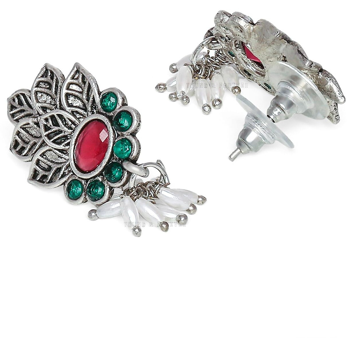 Young & Forever Gift Traditional Victorian Silver Pearl Multicolor Stone Pink Green Choker Oxidised Necklace Jewellery Set for Women