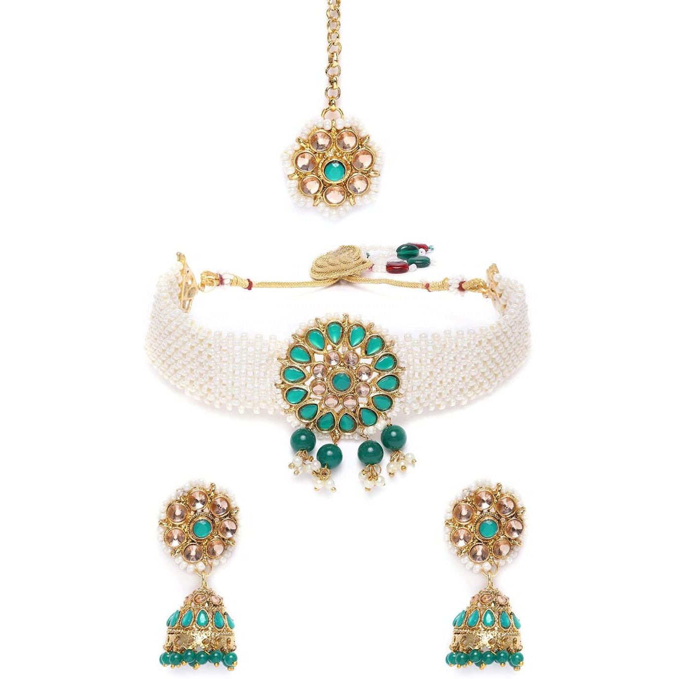 ZAVERI PEARLS Green Stones Ethnic Pearls Patta Choker Necklace Earring & Maangtikka Set For Women-ZPFK10276