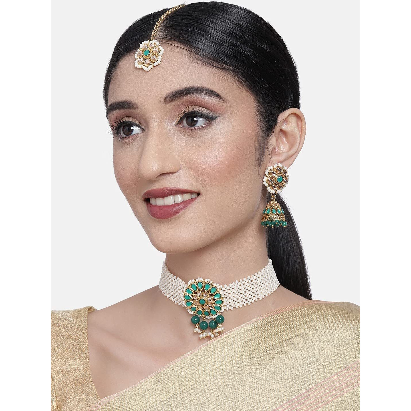 ZAVERI PEARLS Green Stones Ethnic Pearls Patta Choker Necklace Earring & Maangtikka Set For Women-ZPFK10276