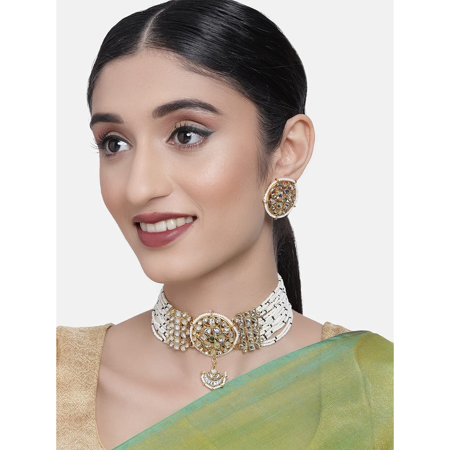 ZAVERI PEARLS Gold Tone Kundan & Multistrand Pearls Choker Necklace & Earring Set For Women-ZPFK10244