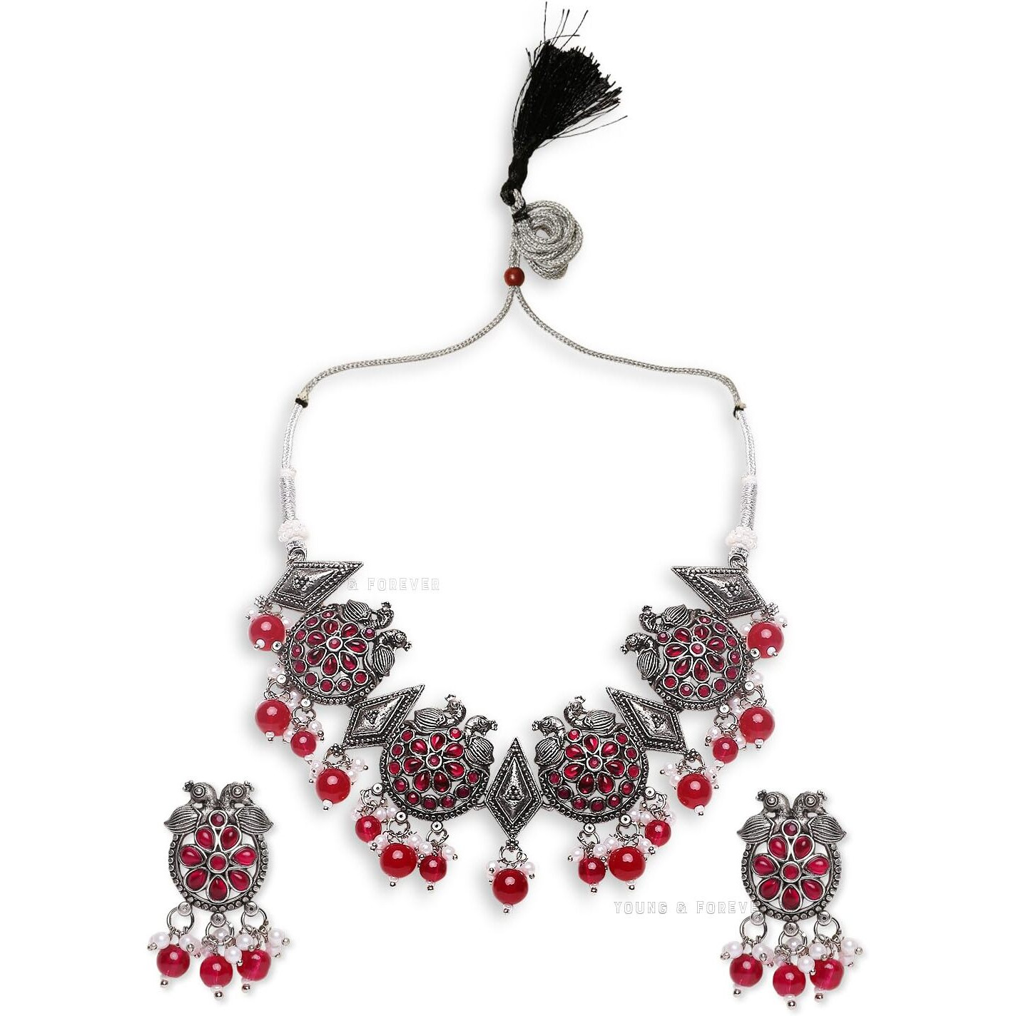 Young & Forever Gift Traditional Victorian Peacock Mandala Art Silver Oxidised Pink Stone Necklace Jewellery Set for Women