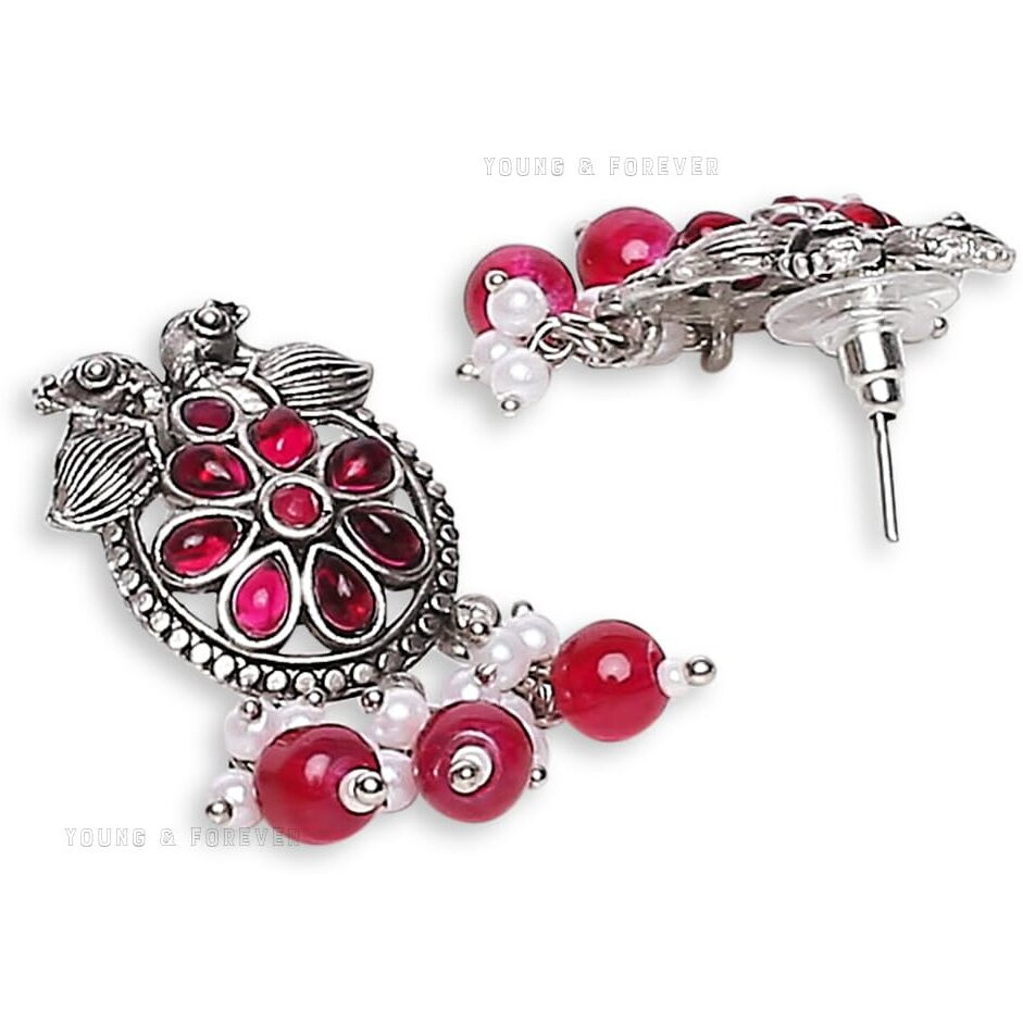 Young & Forever Gift Traditional Victorian Peacock Mandala Art Silver Oxidised Pink Stone Necklace Jewellery Set for Women