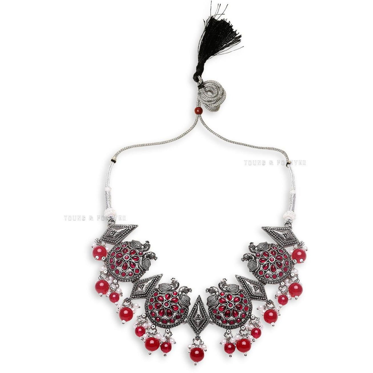 Young & Forever Gift Traditional Victorian Peacock Mandala Art Silver Oxidised Pink Stone Necklace Jewellery Set for Women