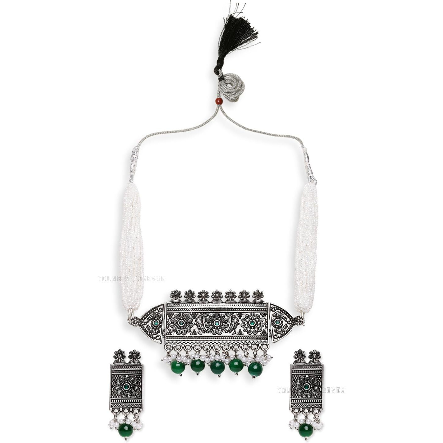 Young & Forever Gift Traditional Victorian Silver Pearl Multicolor Stone Green Choker Oxidised Necklace Jewellery Set for Women