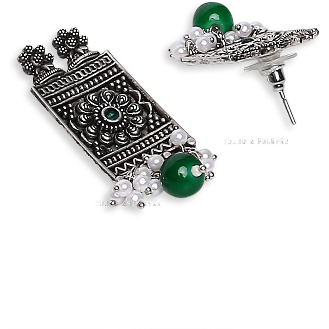 Young & Forever Gift Traditional Victorian Silver Pearl Multicolor Stone Green Choker Oxidised Necklace Jewellery Set for Women