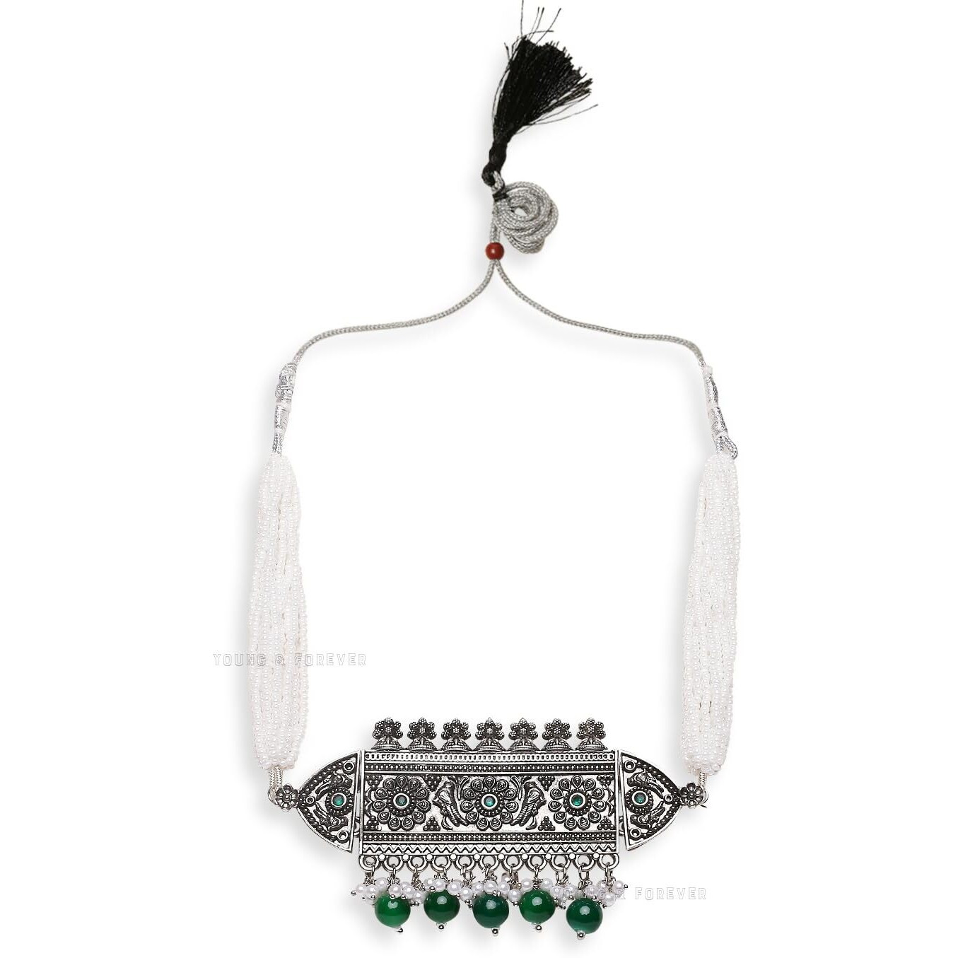 Young & Forever Gift Traditional Victorian Silver Pearl Multicolor Stone Green Choker Oxidised Necklace Jewellery Set for Women