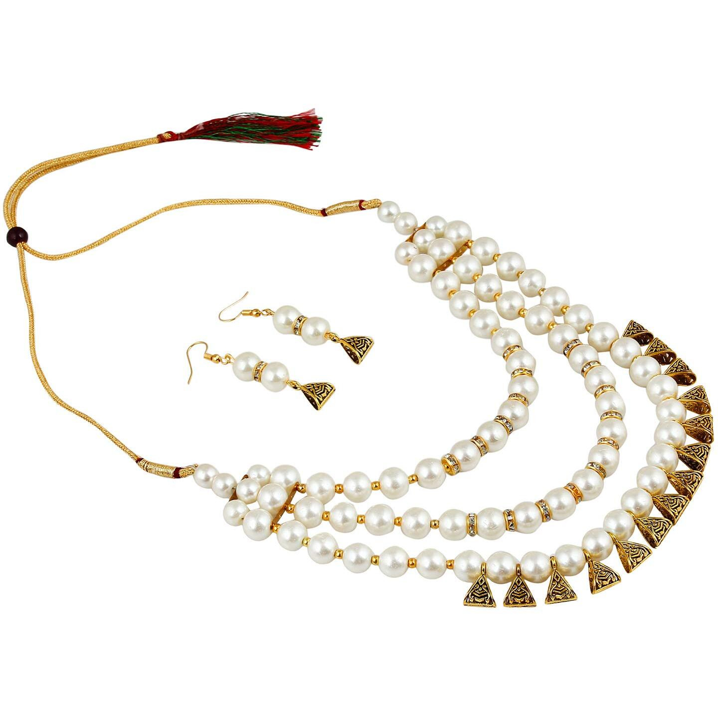 Shining Diva Fashion Latest Antique Design Beads Necklace Gold Plated Jewellery Set for Women (White) (10656s)