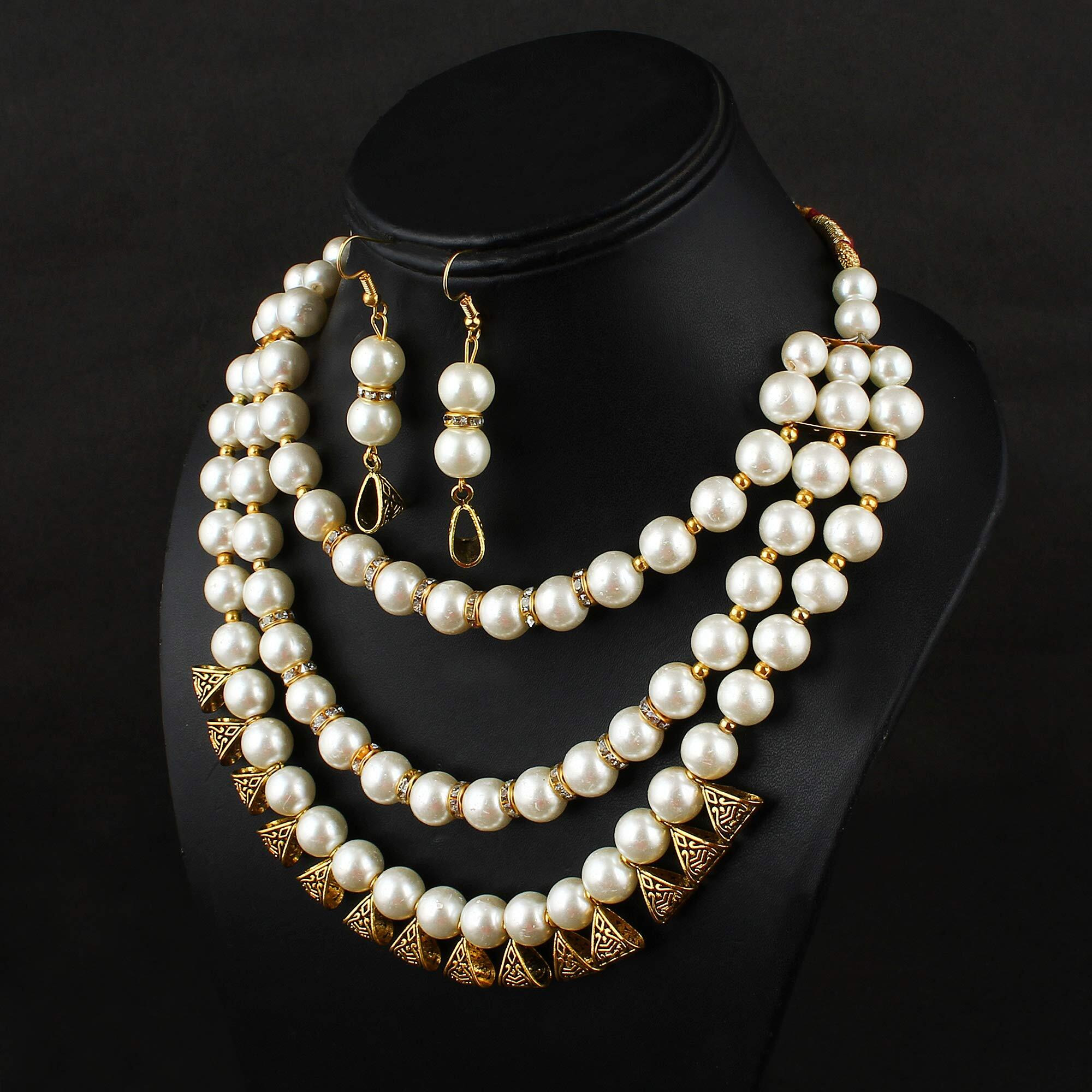 Shining Diva Fashion Latest Antique Design Beads Necklace Gold Plated Jewellery Set for Women (White) (10656s)