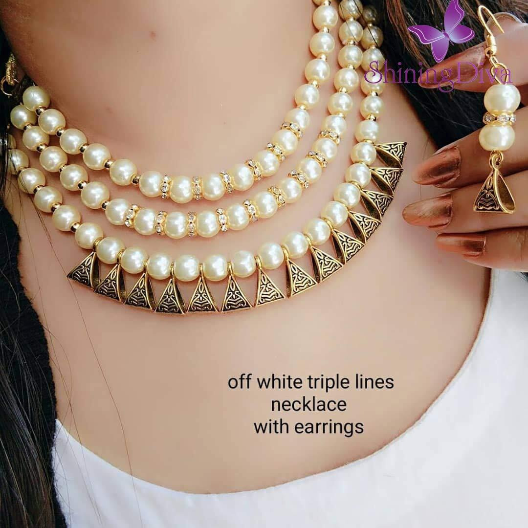 Shining Diva Fashion Latest Antique Design Beads Necklace Gold Plated Jewellery Set for Women (White) (10656s)
