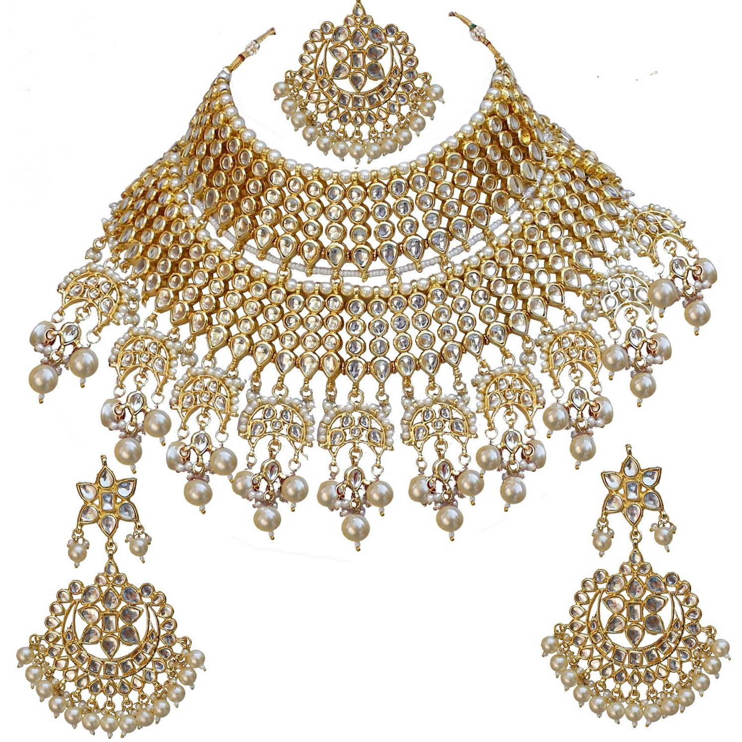 Lucky Jewellery Ethnic White Color Gold Plating Padmavat Jewelry Kundan Necklace Set for Girls & Women (4200-QSK-564-W)