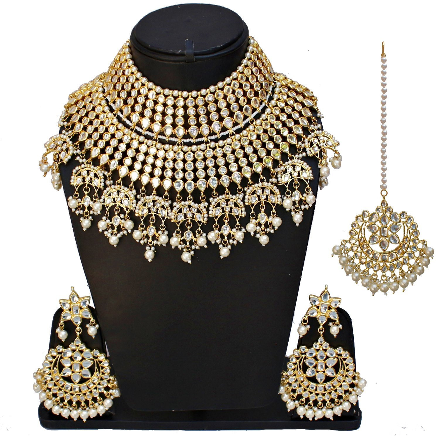 Lucky Jewellery Ethnic White Color Gold Plating Padmavat Jewelry Kundan Necklace Set for Girls & Women (4200-QSK-564-W)