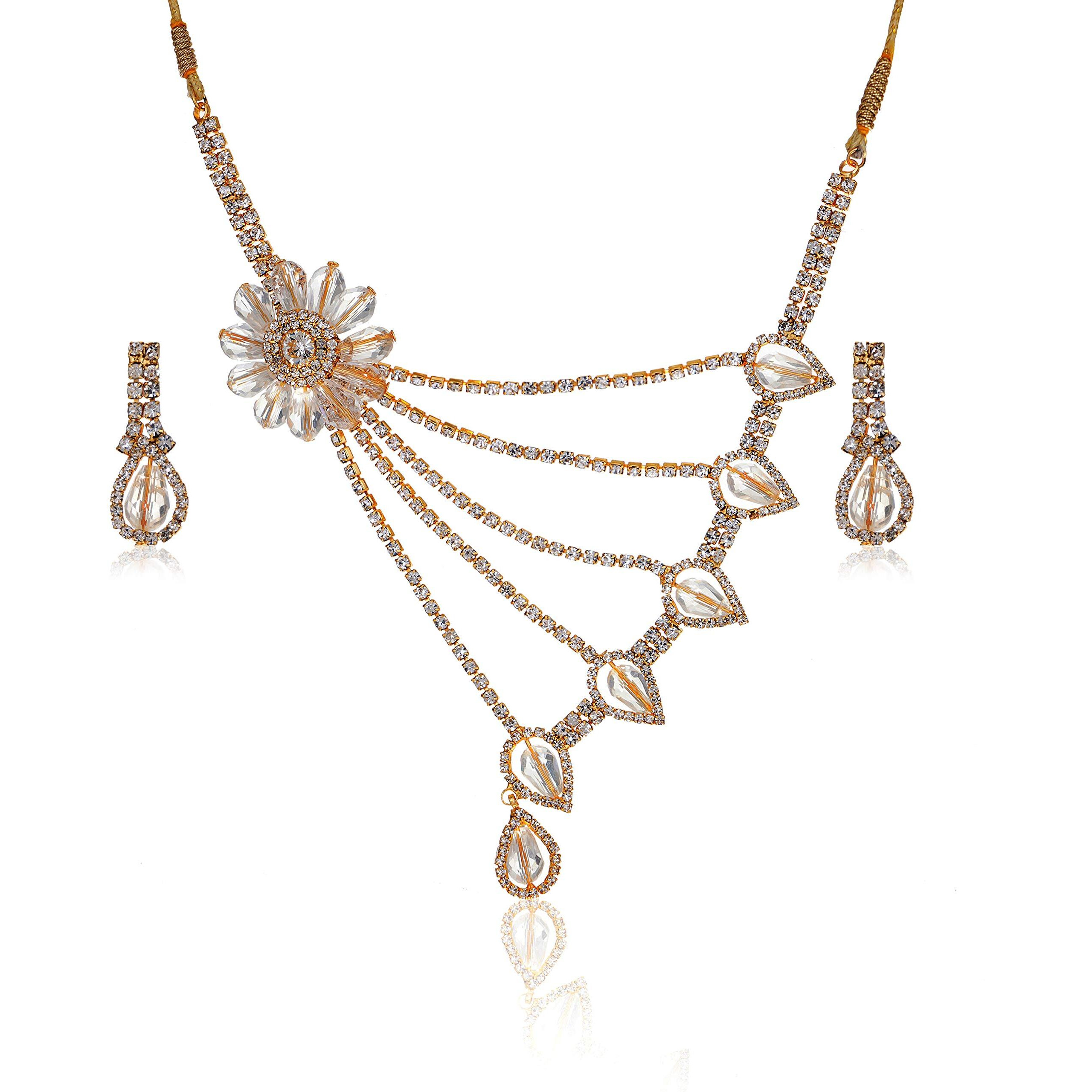 Zukhruf Jewellery Set for Women White diamond Flower Pendant Necklace with Earrings for Women & Girls (Gift) Tribal Necklace Jewellery Beads Necklace (Gold White)